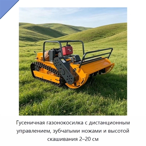 Гусеничная газонокосилка с дистанционным управлением, зубчатыми ножами и высотой скашивания 2–20 см