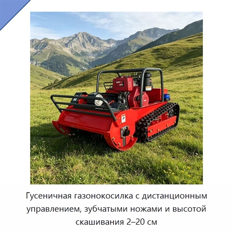 Гусеничная газонокосилка с дистанционным управлением, зубчатыми ножами и высотой скашивания 2–20 см