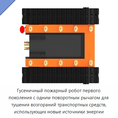 Гусеничный пожарный робот первого поколения с одним поворотным рычагом для тушения возгораний транспортных средств, использующих новые источники энергии