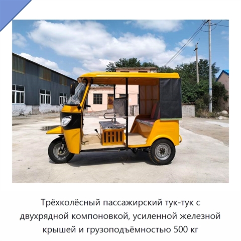 Трёхколёсный пассажирский тук-тук с двухрядной компоновкой, усиленной железной крышей и грузоподъёмностью 500 кг