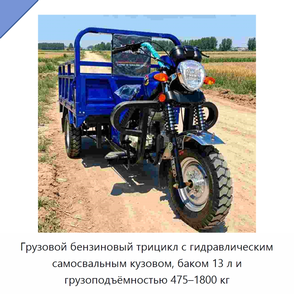Грузовой бензиновый трицикл с гидравлическим самосвальным кузовом, баком 13 л и грузоподъёмностью 475–1800 кг — Специальные машины и промышленное оборудование