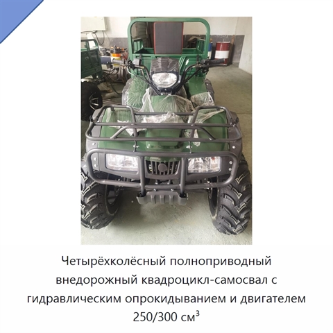 Четырёхколёсный полноприводный внедорожный квадроцикл-самосвал с гидравлическим опрокидыванием и двигателем 250/300 см³
