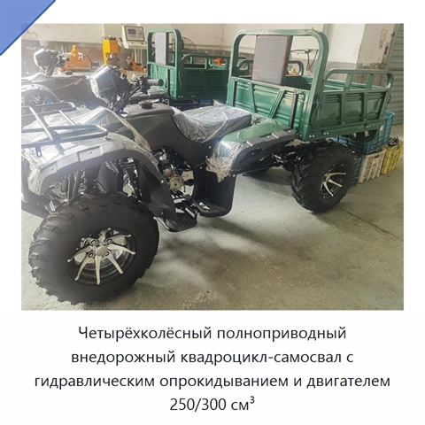 Четырёхколёсный полноприводный внедорожный квадроцикл-самосвал с гидравлическим опрокидыванием и двигателем 250/300 см³