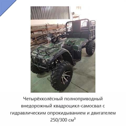 Четырёхколёсный полноприводный внедорожный квадроцикл-самосвал с гидравлическим опрокидыванием и двигателем 250/300 см³