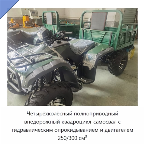 Четырёхколёсный полноприводный внедорожный квадроцикл-самосвал с гидравлическим опрокидыванием и двигателем 250/300 см³
