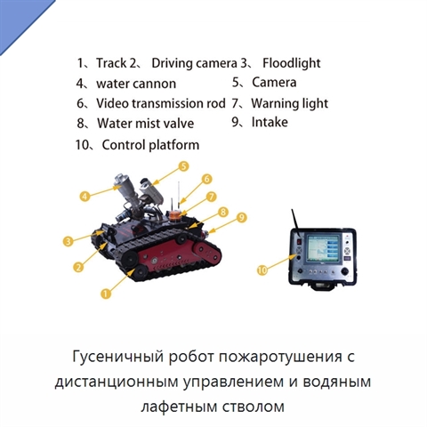 Гусеничный робот пожаротушения с дистанционным управлением и водяным лафетным стволом