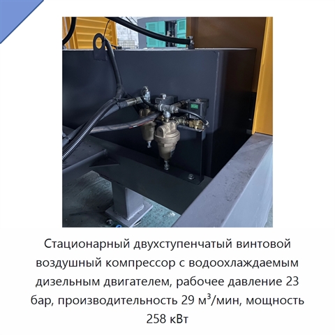 Стационарный двухступенчатый винтовой воздушный компрессор с водоохлаждаемым дизельным двигателем, рабочее давление 23 бар, производительность 29 м³/мин, мощность 258 кВт