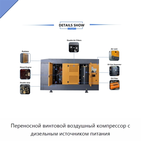 Переносной винтовой воздушный компрессор с дизельным источником питания