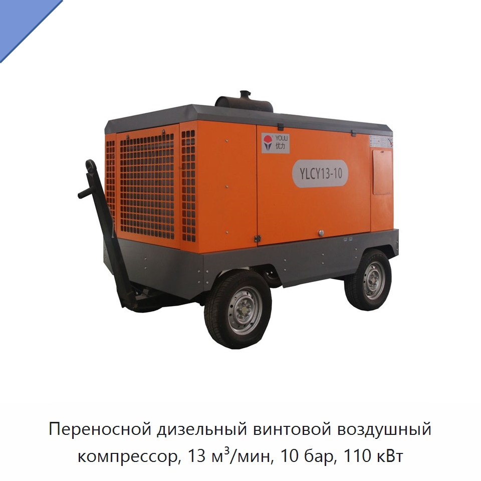 Переносной дизельный винтовой воздушный компрессор, 13 м³/мин, 10 бар, 110 кВт — Промышленные компрессоры
