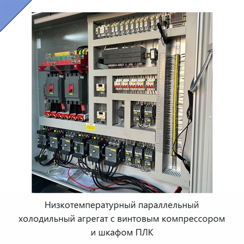 Низкотемпературный параллельный холодильный агрегат с винтовым компрессором и шкафом ПЛК
