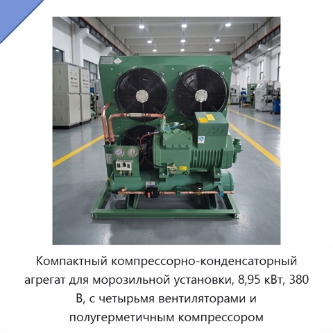 Компактный компрессорно-конденсаторный агрегат для морозильной установки, 8,95 кВт, 380 В, с четырьмя вентиляторами и полугерметичным компрессором