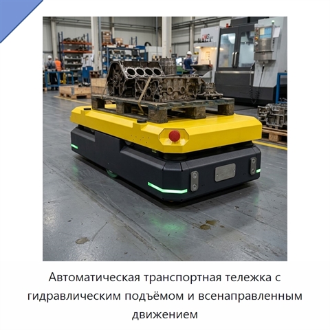 Автоматическая транспортная тележка с гидравлическим подъёмом и всенаправленным движением