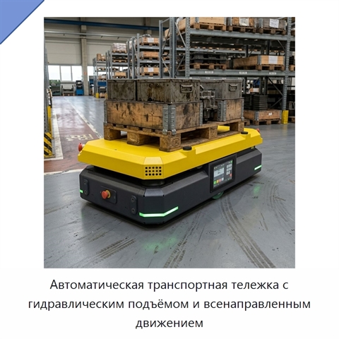 Автоматическая транспортная тележка с гидравлическим подъёмом и всенаправленным движением