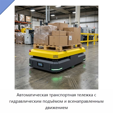 Автоматическая транспортная тележка с гидравлическим подъёмом и всенаправленным движением