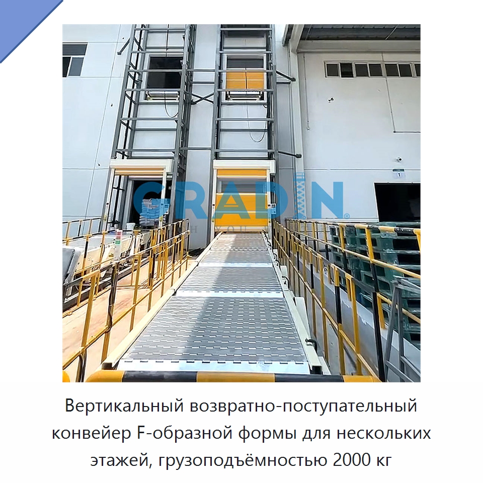 Вертикальный возвратно-поступательный конвейер F-образной формы для нескольких этажей, грузоподъёмностью 2000 кг — Подъемные столы