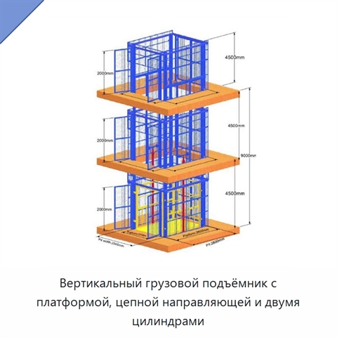 Вертикальный грузовой подъёмник с платформой, цепной направляющей и двумя цилиндрами