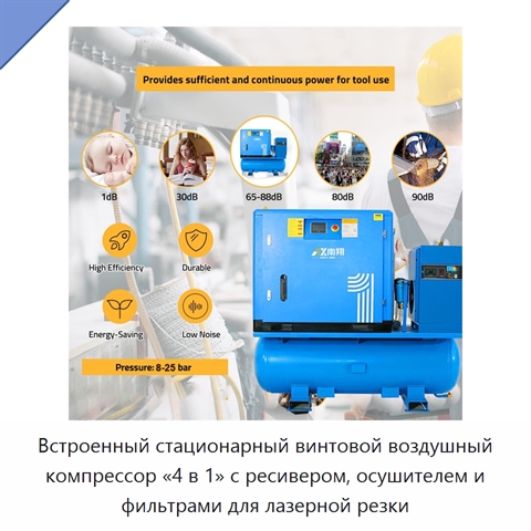 Встроенный стационарный винтовой воздушный компрессор «4 в 1» с ресивером, осушителем и фильтрами для лазерной резки