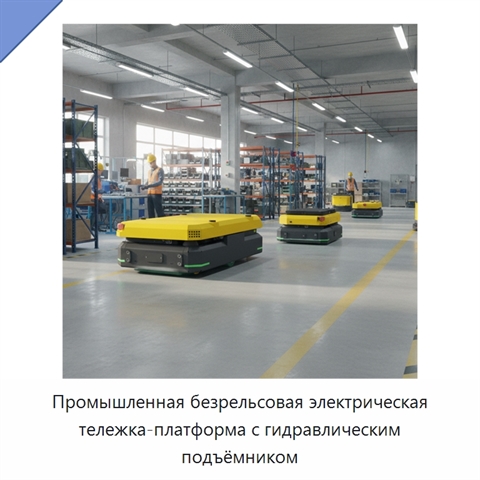 Промышленная безрельсовая электрическая тележка-платформа с гидравлическим подъёмником