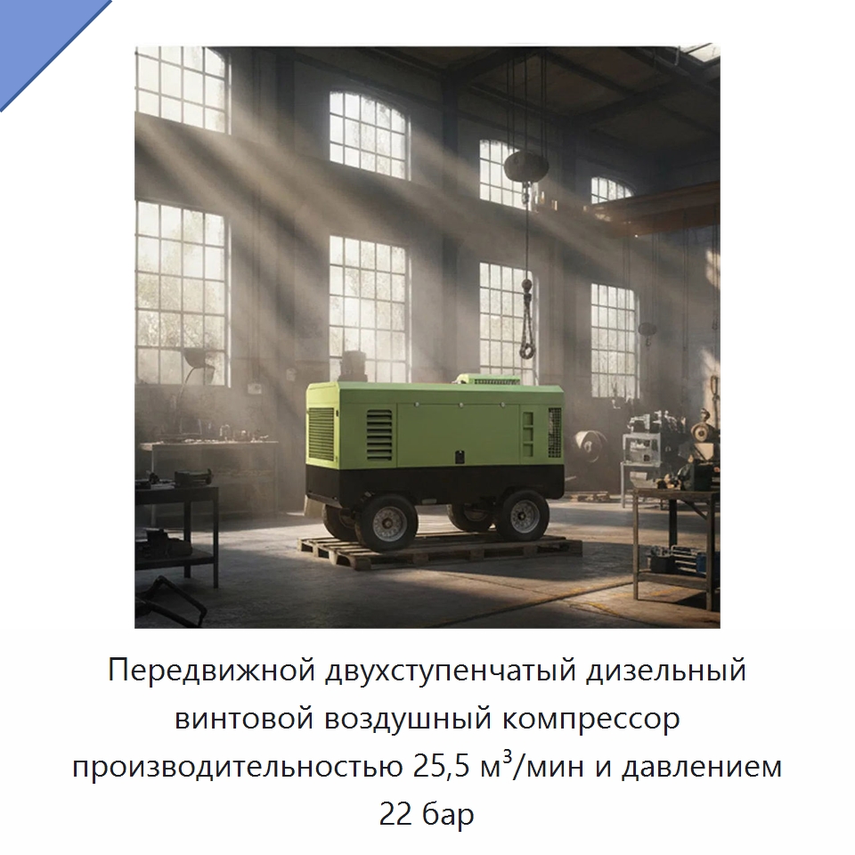Передвижной двухступенчатый дизельный винтовой воздушный компрессор производительностью 25,5 м³/мин и давлением 22 бар — Промышленные компрессоры