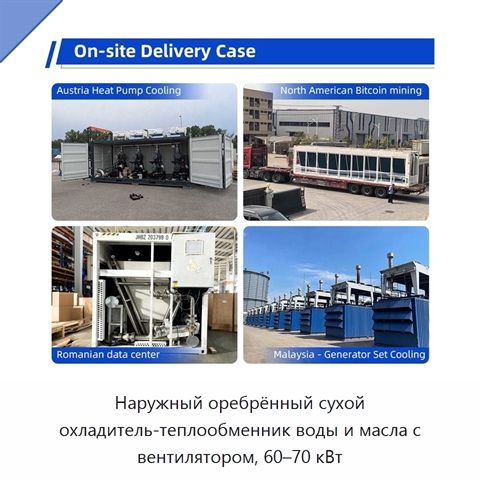 Наружный оребрённый сухой охладитель-теплообменник воды и масла с вентилятором, 60–70 кВт