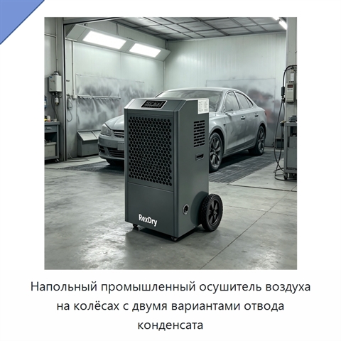 Напольный промышленный осушитель воздуха на колёсах с двумя вариантами отвода конденсата