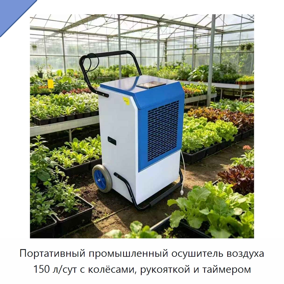 Портативный промышленный осушитель воздуха 150 л/сут с колёсами, рукояткой и таймером — Воздухоочистительное оборудование