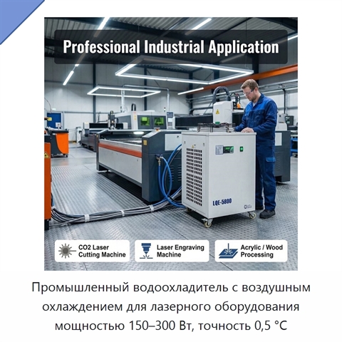 Промышленный водоохладитель с воздушным охлаждением для лазерного оборудования мощностью 150–300 Вт, точность 0,5 °С