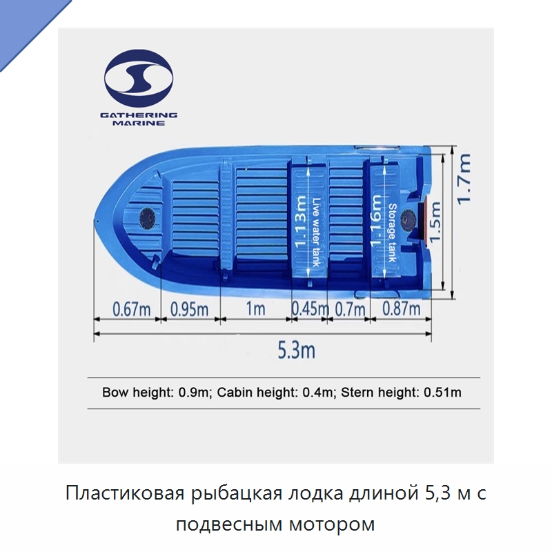 Пластиковая рыбацкая лодка длиной 5,3 м с подвесным мотором