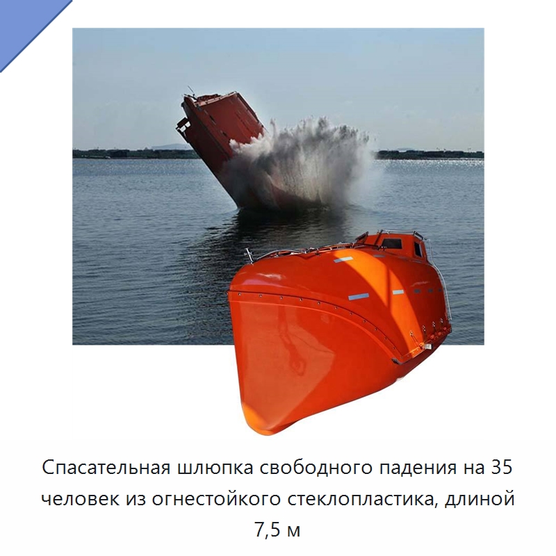 Спасательная шлюпка свободного падения на 35 человек из огнестойкого стеклопластика, длиной 7,5 м
