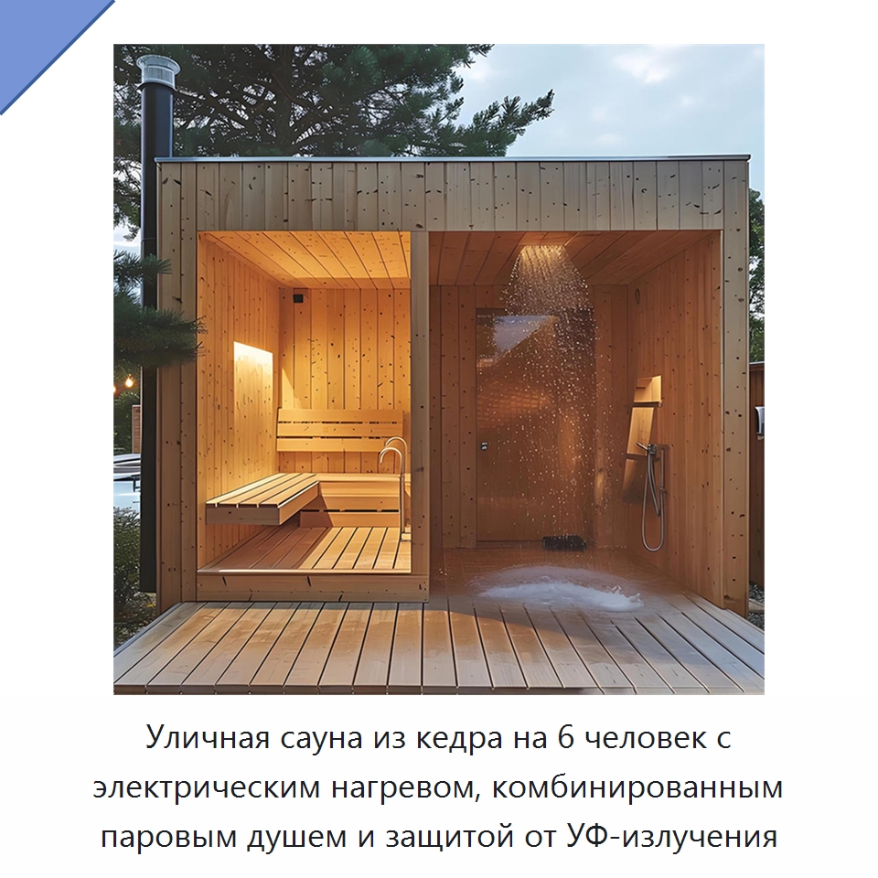 Уличная сауна из кедра на 6 человек с электрическим нагревом, комбинированным паровым душем и защитой от УФ-излучения