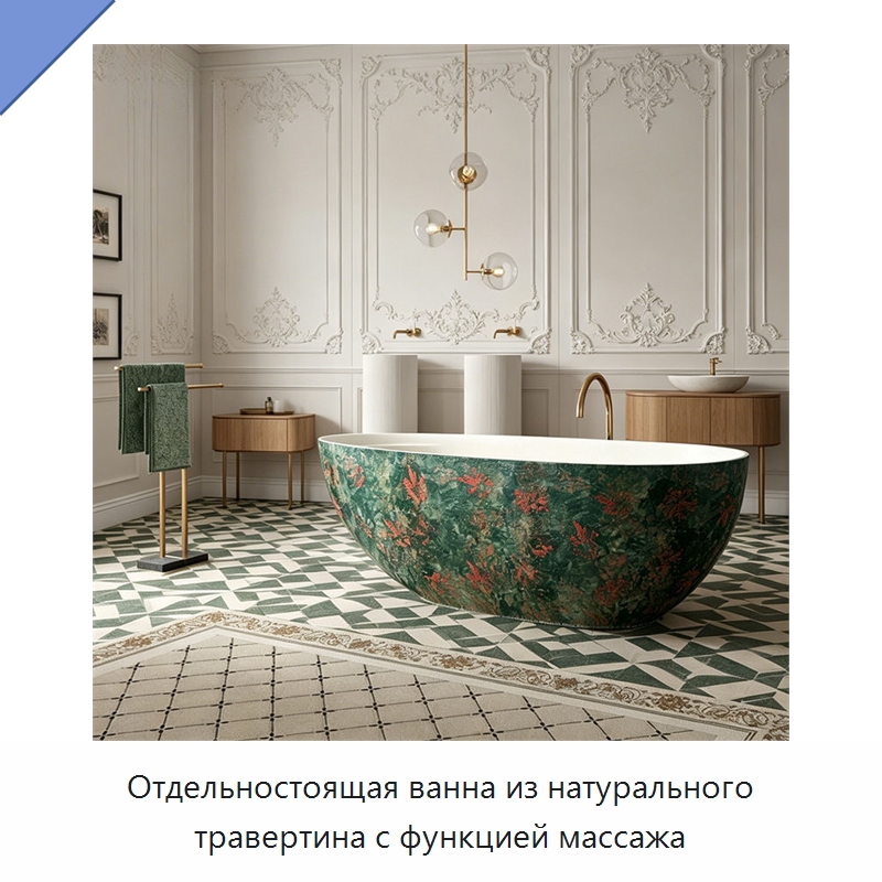 Отдельностоящая ванна из натурального травертина с функцией массажа