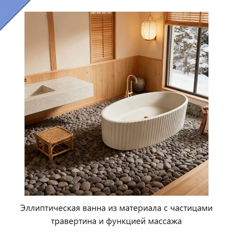 Эллиптическая ванна из материала с частицами травертина и функцией массажа