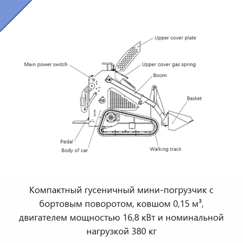 Компактный гусеничный мини-погрузчик с бортовым поворотом, ковшом 0,15 м³, двигателем мощностью 16,8 кВт и номинальной нагрузкой 380 кг