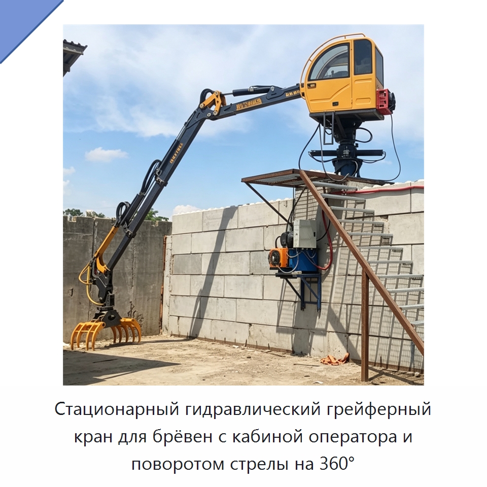 Стационарный гидравлический грейферный кран для брёвен с кабиной оператора и поворотом стрелы на 360° — Краны
