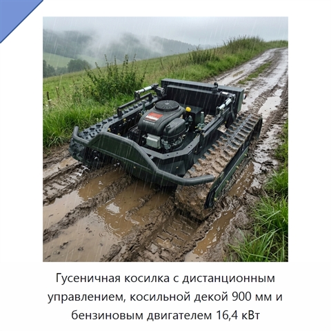 Гусеничная косилка с дистанционным управлением, косильной декой 900 мм и бензиновым двигателем 16,4 кВт
