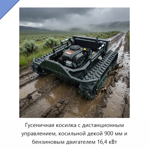 Гусеничная косилка с дистанционным управлением, косильной декой 900 мм и бензиновым двигателем 16,4 кВт