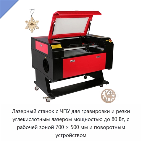 Лазерный станок с ЧПУ для гравировки и резки углекислотным лазером мощностью до 80 Вт, с рабочей зоной 700 × 500 мм и поворотным устройством