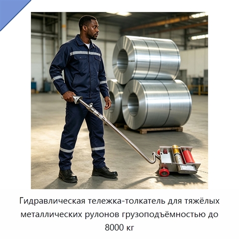 Гидравлическая тележка-толкатель для тяжёлых металлических рулонов грузоподъёмностью до 8000 кг