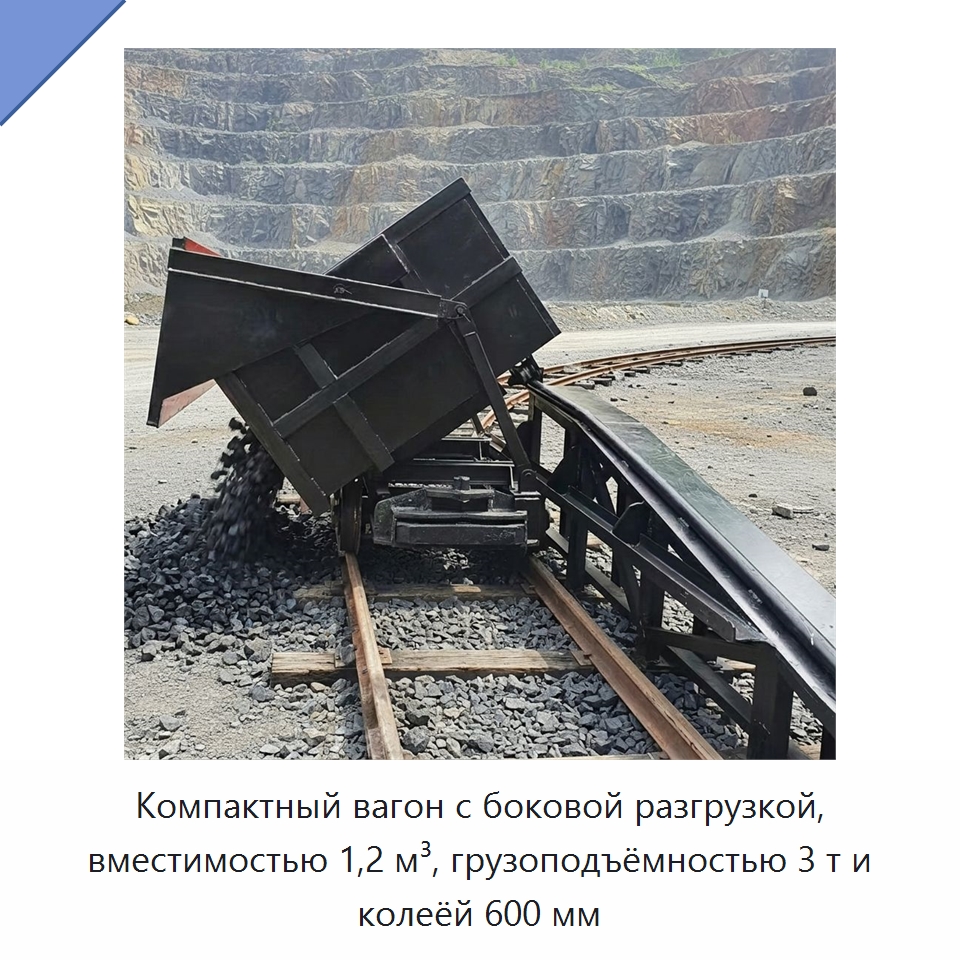 Компактный вагон с боковой разгрузкой, вместимостью 1,2 м³, грузоподъёмностью 3 т и колеёй 600 мм — Горнодобывающее оборудование