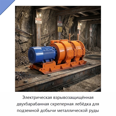 Электрическая взрывозащищённая двухбарабанная скреперная лебёдка для подземной добычи металлической руды