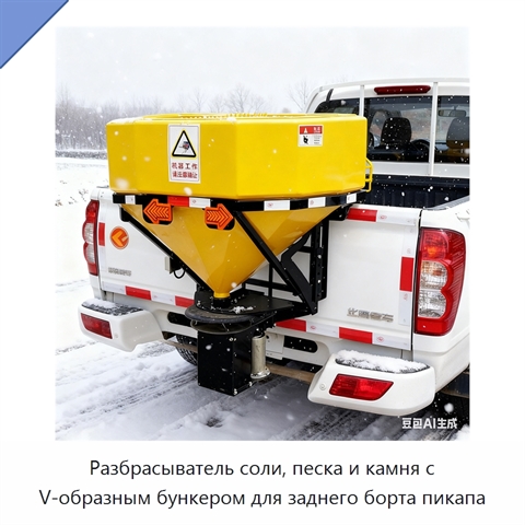 Разбрасыватель соли, песка и камня с V-образным бункером для заднего борта пикапа