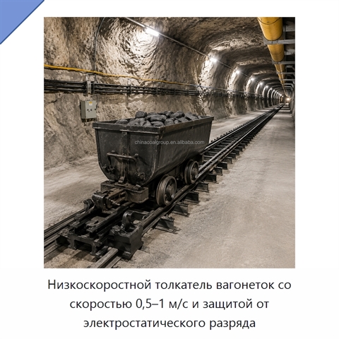 Низкоскоростной толкатель вагонеток со скоростью 0,5–1 м/с и защитой от электростатического разряда