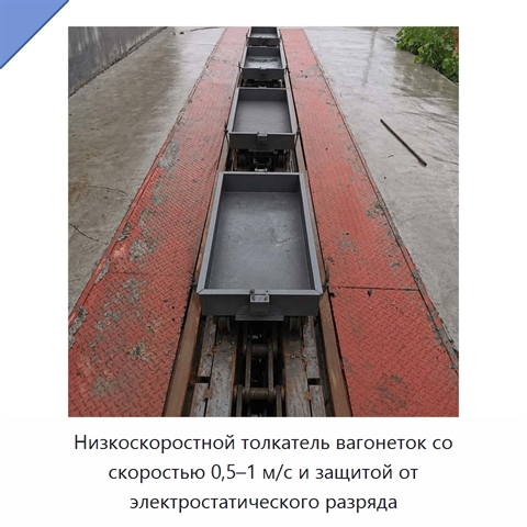 Низкоскоростной толкатель вагонеток со скоростью 0,5–1 м/с и защитой от электростатического разряда