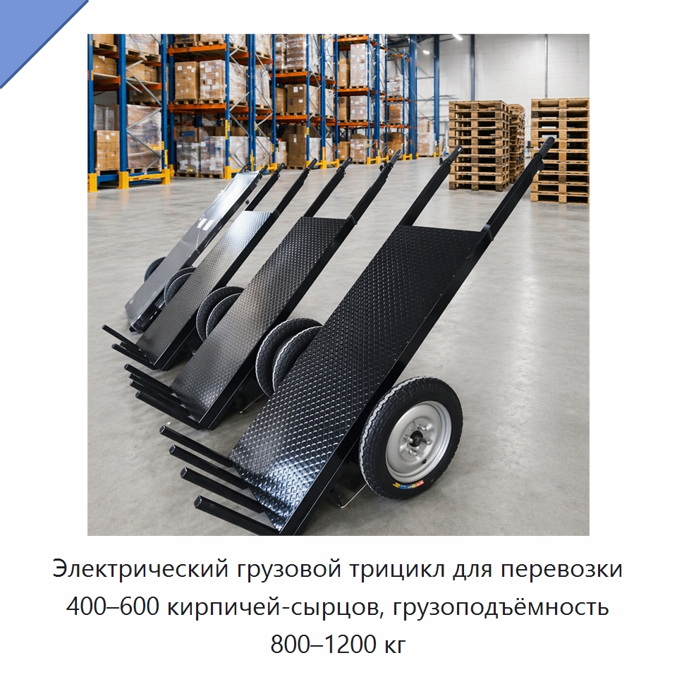 Электрический грузовой трицикл для перевозки 400–600 кирпичей-сырцов, грузоподъёмность 800–1200 кг — Специальная строительная техника
