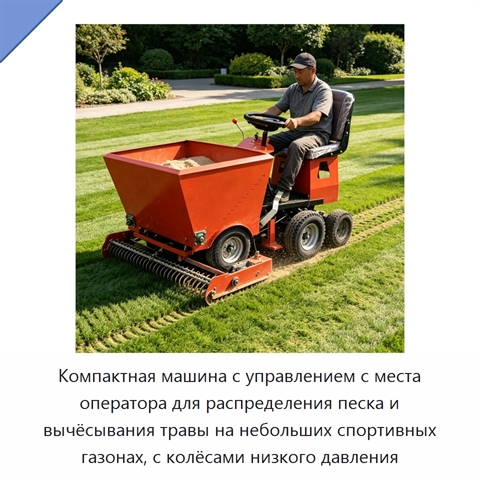Компактная машина с управлением с места оператора для распределения песка и вычёсывания травы на небольших спортивных газонах, с колёсами низкого давления