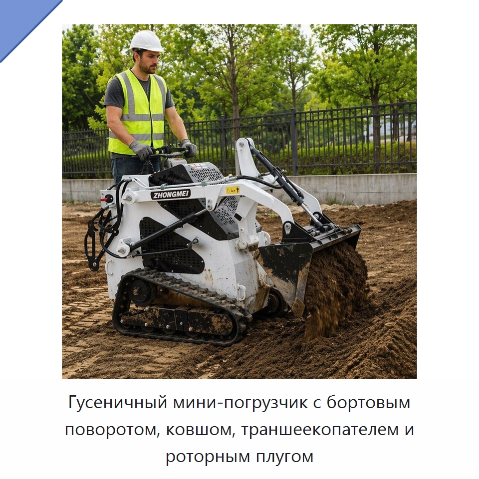 Гусеничный мини-погрузчик с бортовым поворотом, ковшом, траншеекопателем и роторным плугом — Землеройная техника