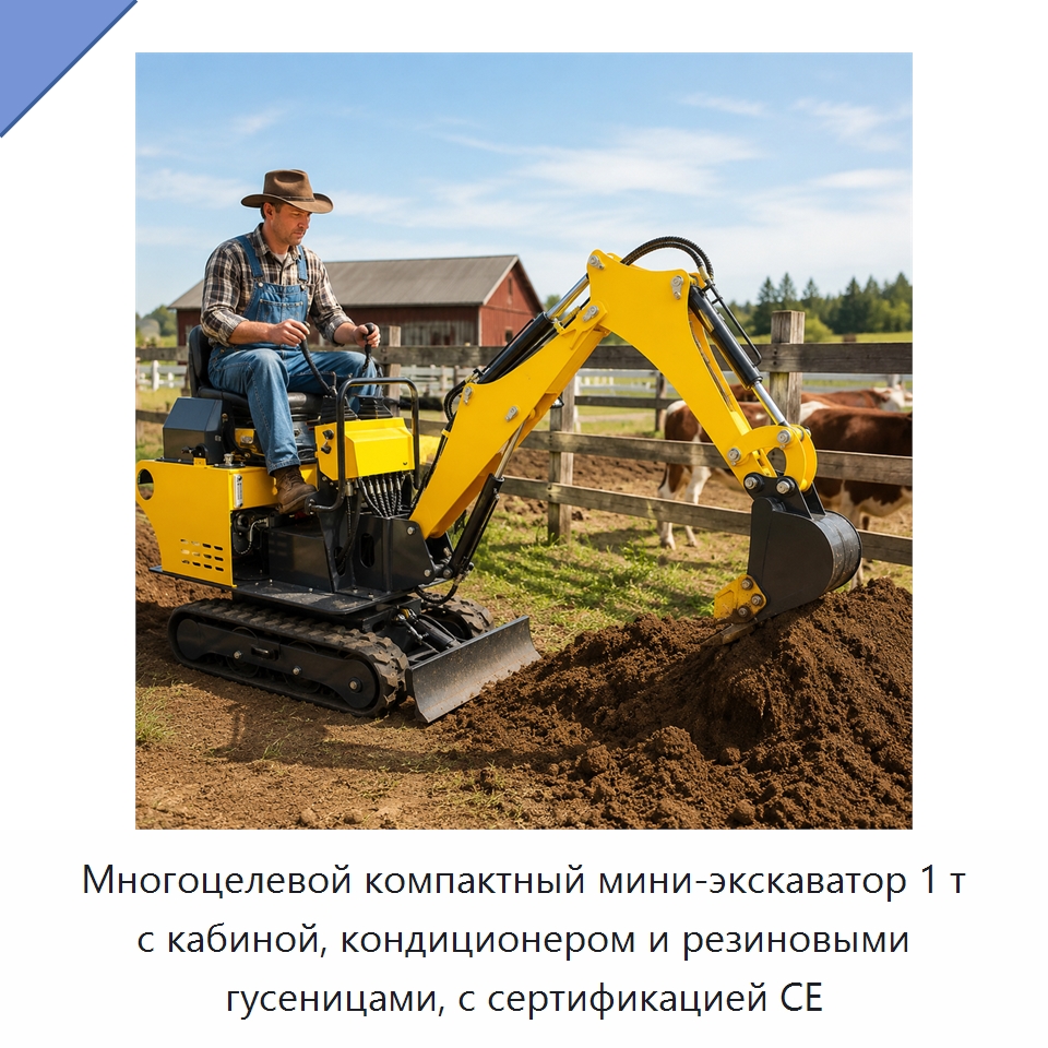 Многоцелевой компактный мини-экскаватор 1 т с кабиной, кондиционером и резиновыми гусеницами, с сертификацией CE — Землеройная техника
