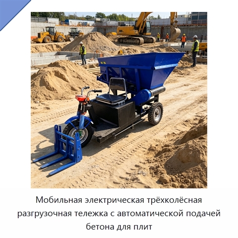 Мобильная электрическая трёхколёсная разгрузочная тележка с автоматической подачей бетона для плит