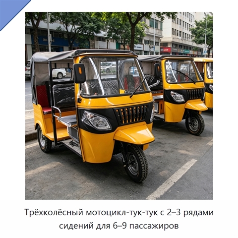 Трёхколёсный мотоцикл-тук-тук с 2–3 рядами сидений для 6–9 пассажиров