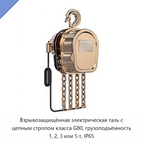 Взрывозащищённая электрическая таль с цепным стропом класса G80, грузоподъёмность 1, 2, 3 или 5 т, IP65